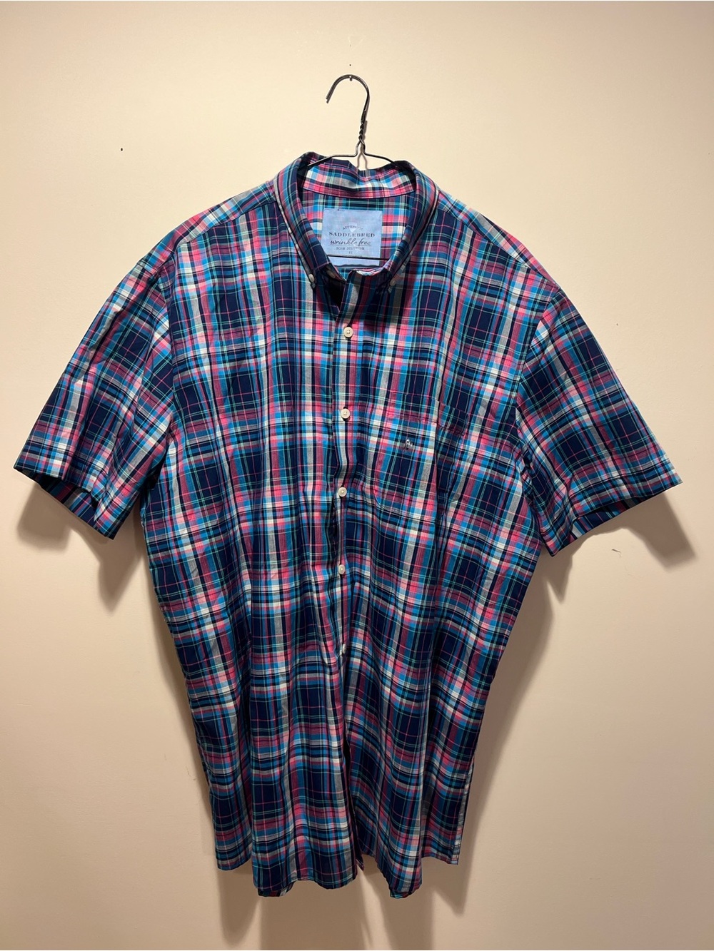 Saddlebred XL like new Short-Sleeve Plaid Button-Down Shirt - Blue, Pink & Teal